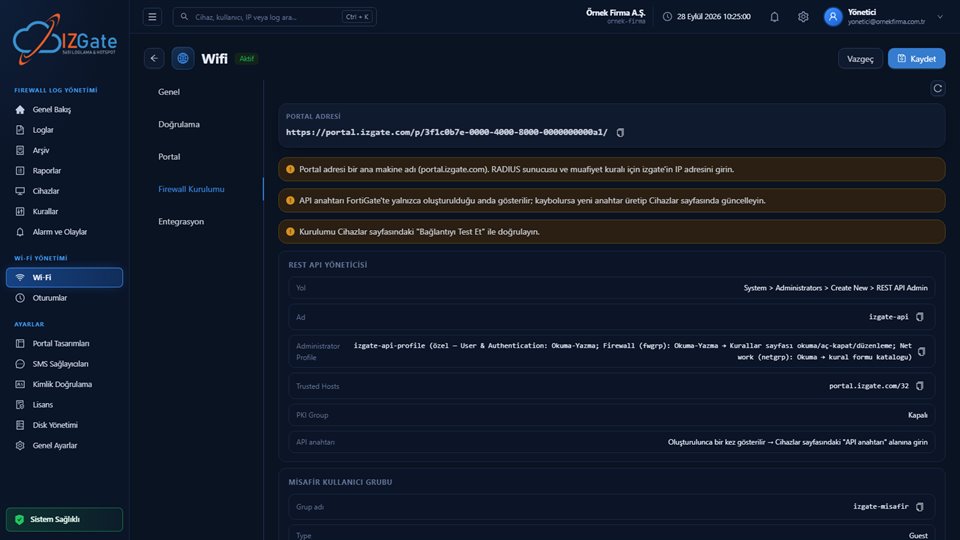 izgate panelinde ağ ayarları Firewall Kurulumu sekmesi: portal adresi, uyarılar, REST API yöneticisi, misafir kullanıcı grubu