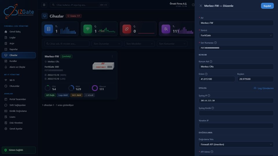 izgate Cihaz Düzenle paneli: ad, sürücü, seri numarası, konum, syslog ve doğrulama yolu alanları