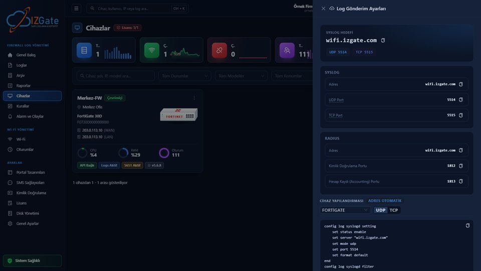 izgate Log Gönderim Ayarları paneli: syslog hedefi, UDP/TCP portları, RADIUS portları ve sürücüye göre hazır CLI