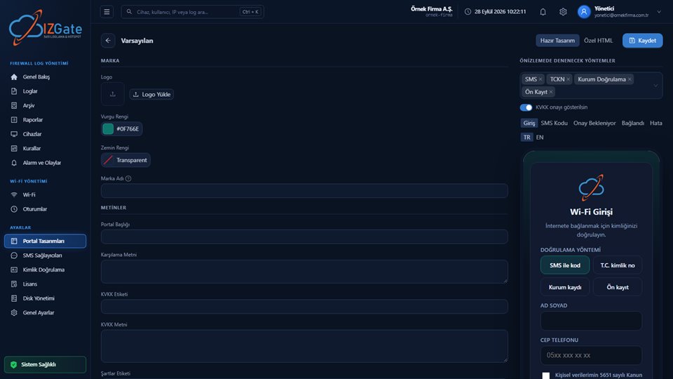 izgate panelinde portal editörü: marka, vurgu rengi, metinler solda; adım sekmeleri ve canlı önizleme sağda
